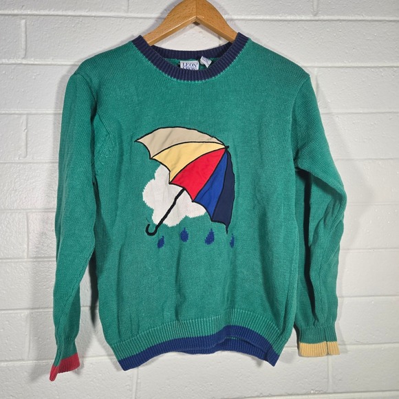Vintage Sweaters - Vtg Novelty Sweater Cotton Ramie Large Umbrella Sun Colorblock Kidcore Retro 90s